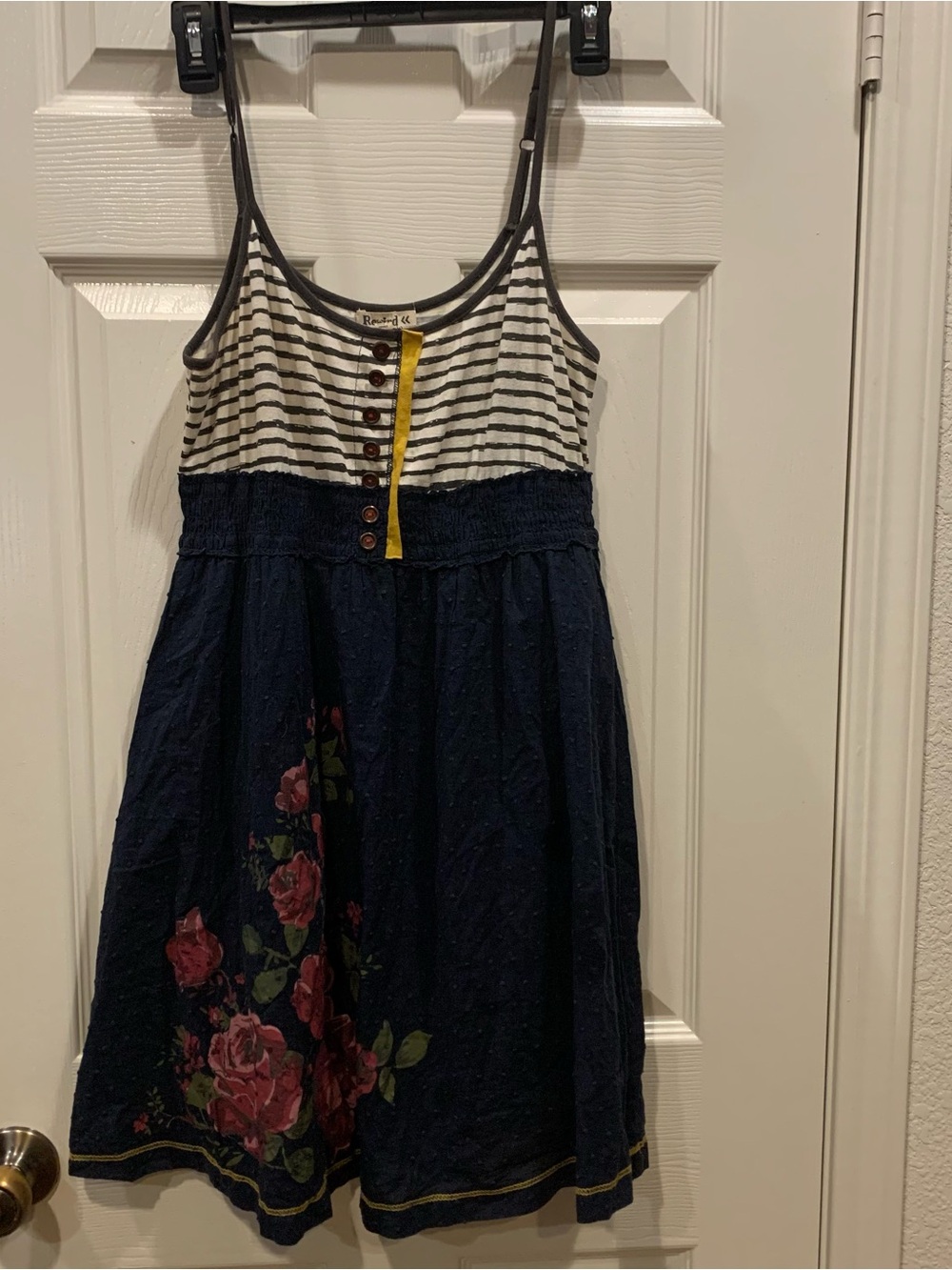 Navy Floral Skater Dress with Striped Bodice and Yellow Trim, Rewind, Size XL